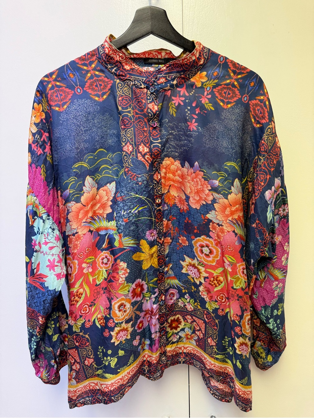 Johnny Was "Audrey" Silk Blouse in "Dreamer Blue" Size XL